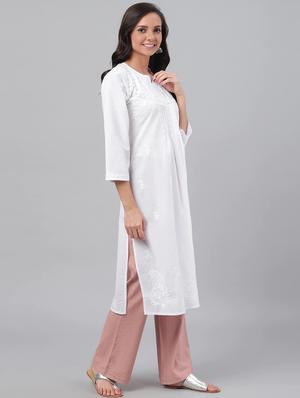ada hand-embroidered white cotton chikankari straight kurta - 15858684 - Standard Image - 3
