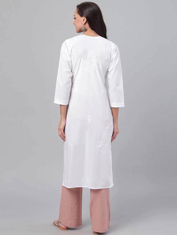 ada hand-embroidered white cotton chikankari straight kurta - 15858684 - Zoom Image - 4