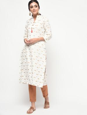 block printed straight kurta with tassels - 15858760 - Standard Image - 2