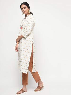 block printed straight kurta with tassels - 15858760 - Standard Image - 3