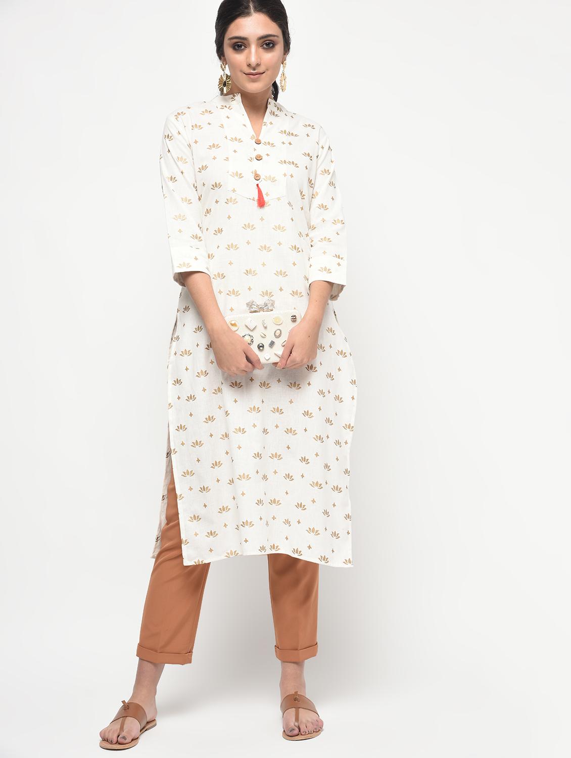 block printed straight kurta with tassels - 15858760 - Zoom Image - 1