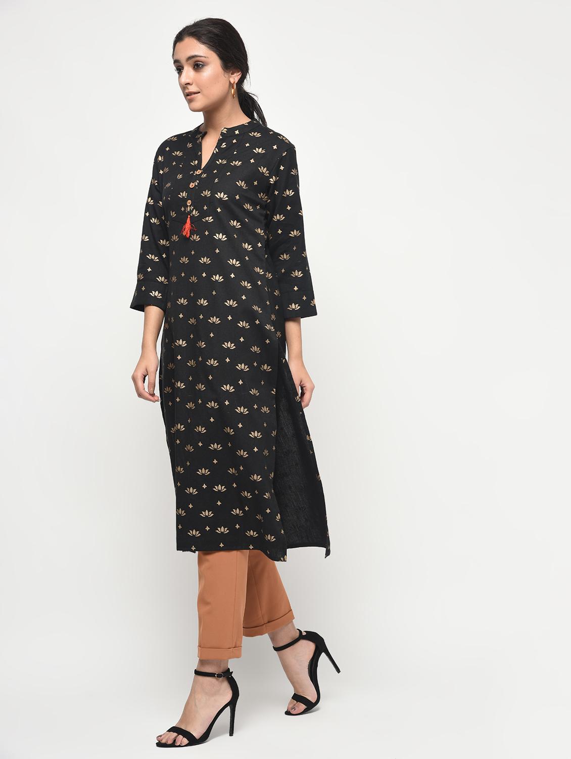 foil printed straight kurta with tassels - 15858763 - Zoom Image - 3