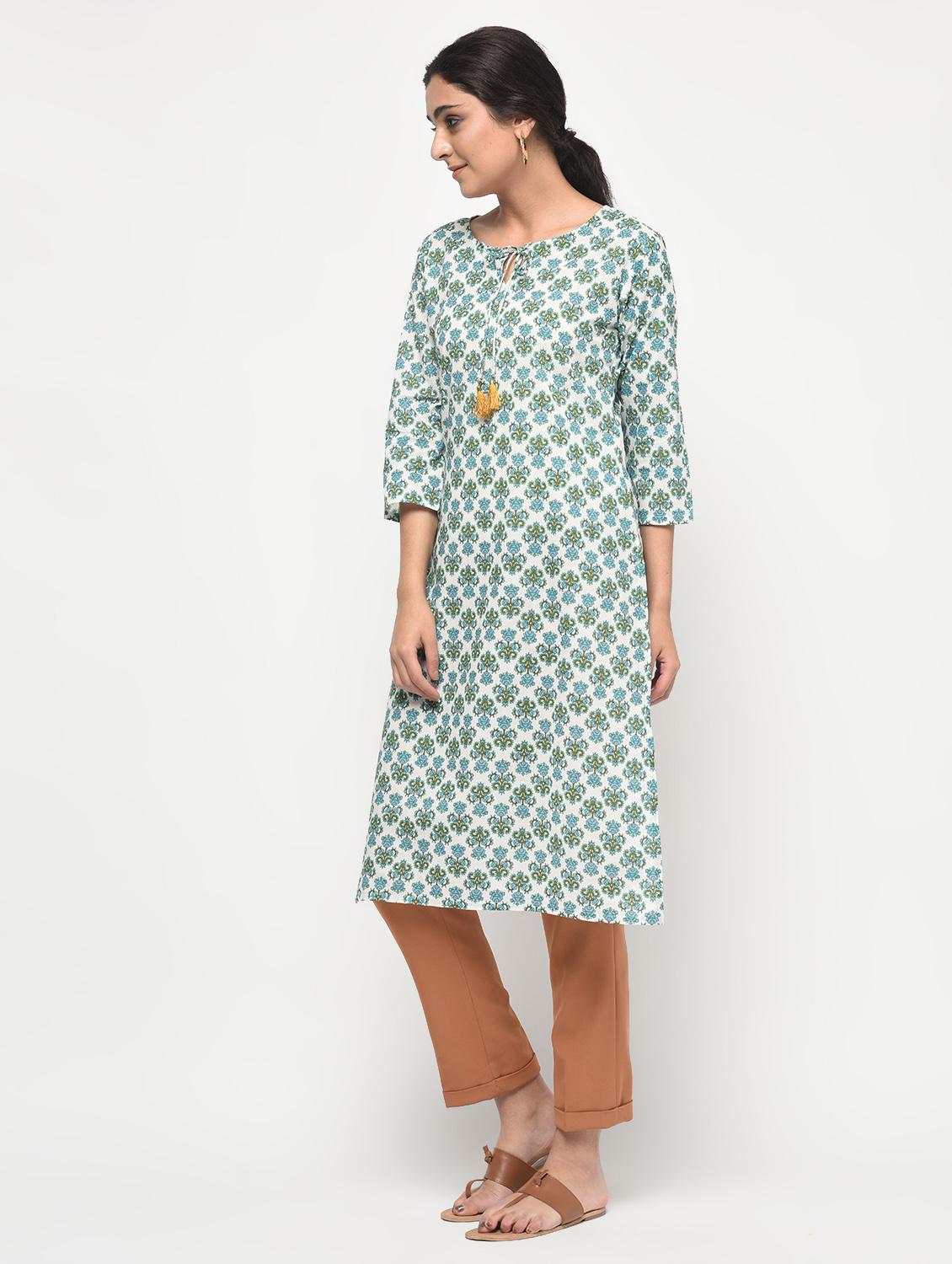 floral printed straight kurta with tassels - 15858772 - Zoom Image - 2