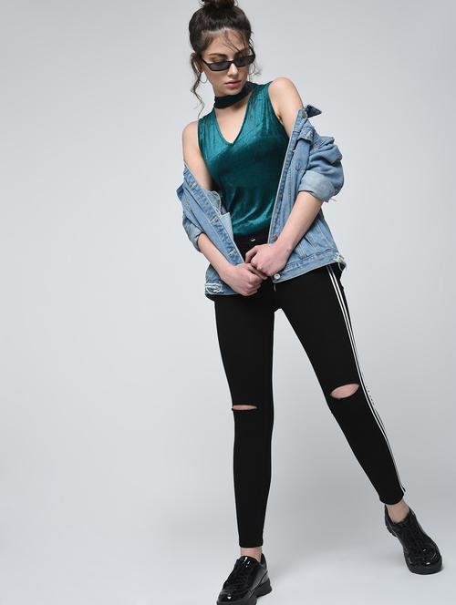 side taping knee slit jeans - 15859348 - Standard Image - 1