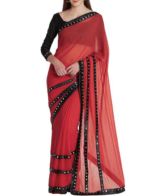 mirror work bordered saree with blouse - 15860788 - Standard Image - 1