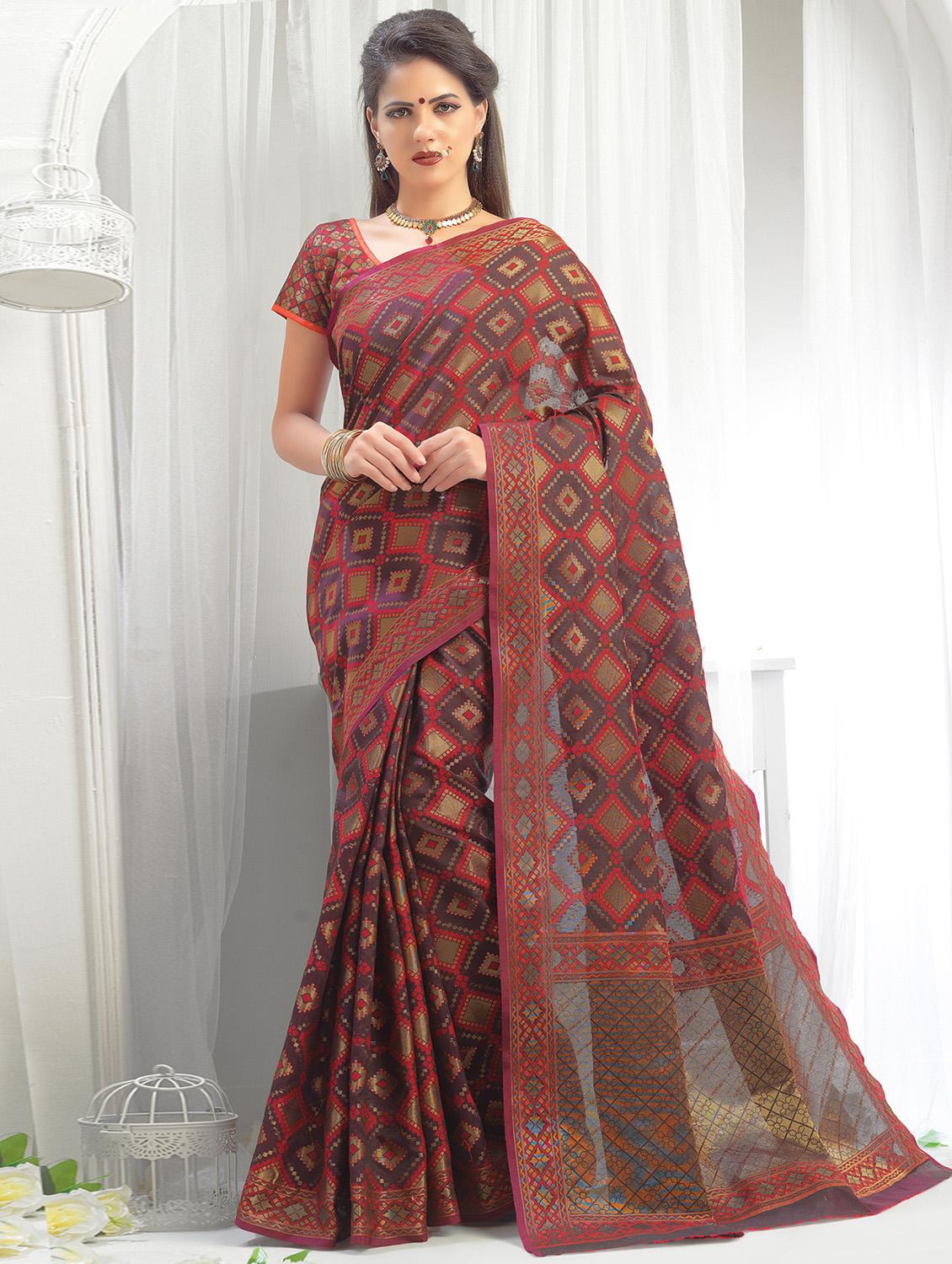 checkered zari motif tussar saree with blouse - 15861423 - Zoom Image - 1