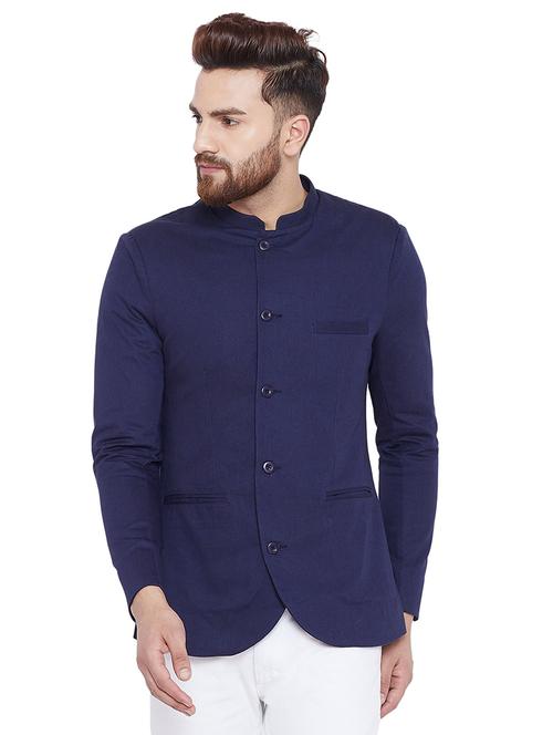 blue cotton bandhgala blazer - 15864338 - Very Small Image - 1