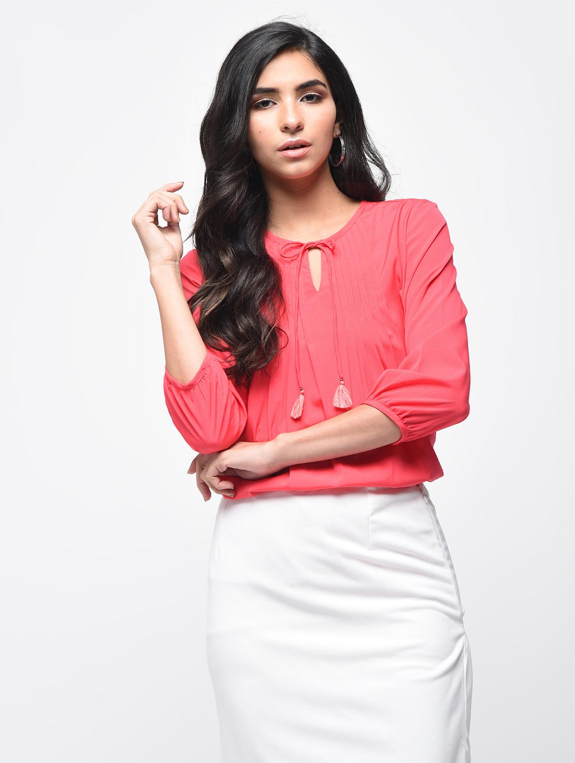 tie up neck pintucked top - 15864347 - Zoom Image - 1