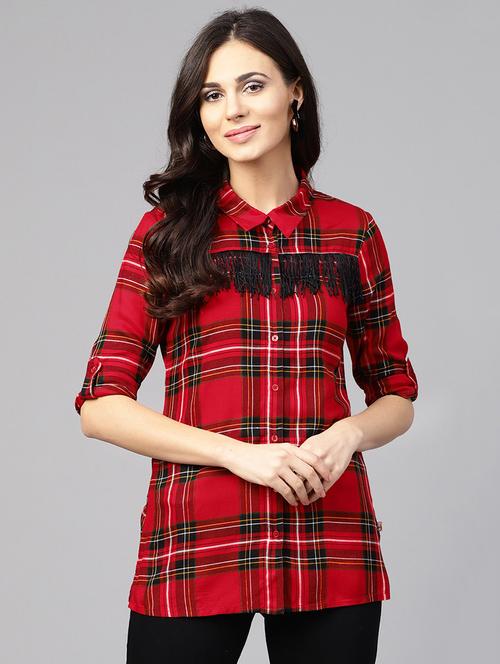 Fringe detail tartan checked shirt - 15864545 - Standard Image - 1