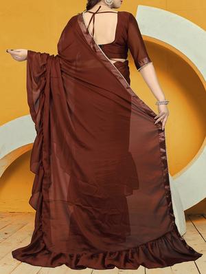 pearl ruffle border brown saree with blouse - 15868277 - Standard Image - 2