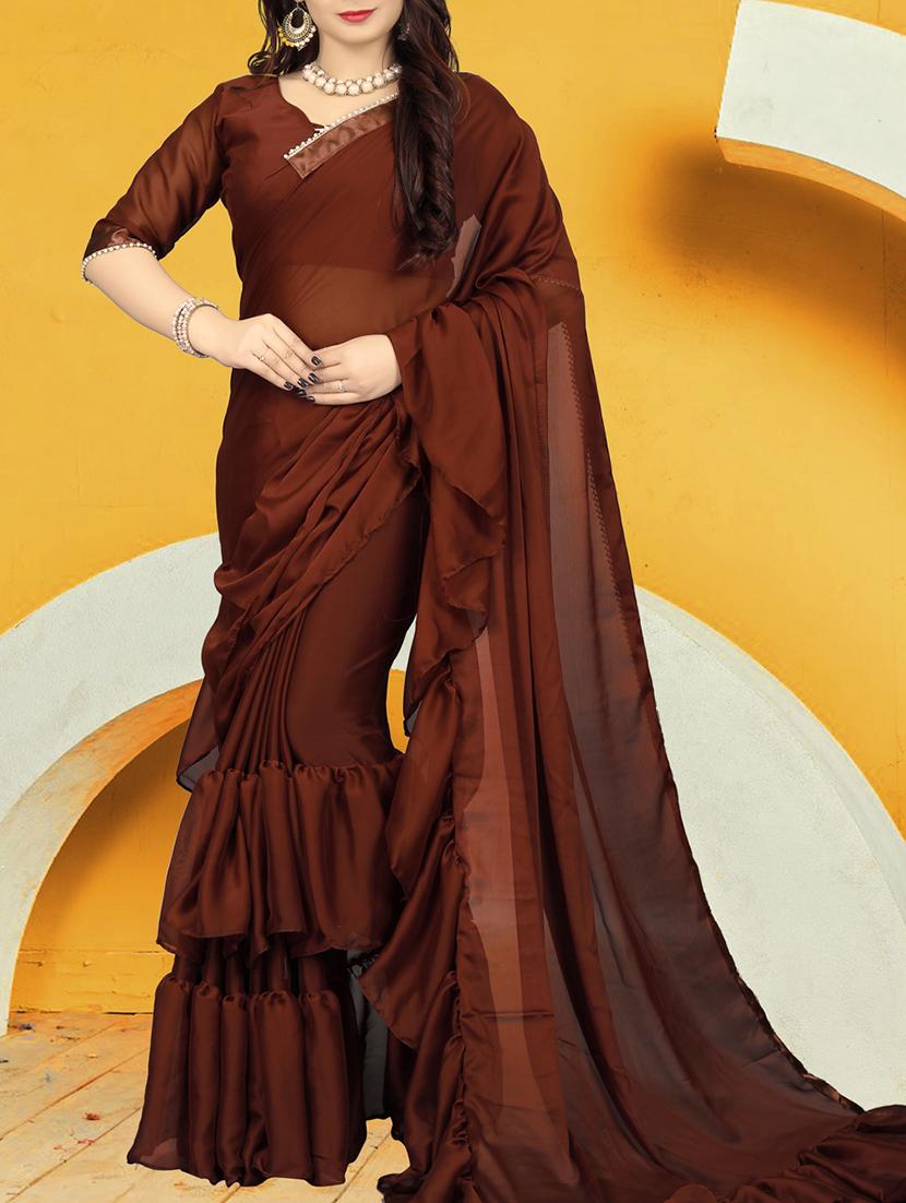 pearl ruffle border brown saree with blouse - 15868277 - Zoom Image - 1