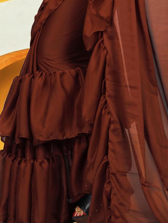 pearl ruffle border brown saree with blouse - 15868277 - Zoom Image - 3