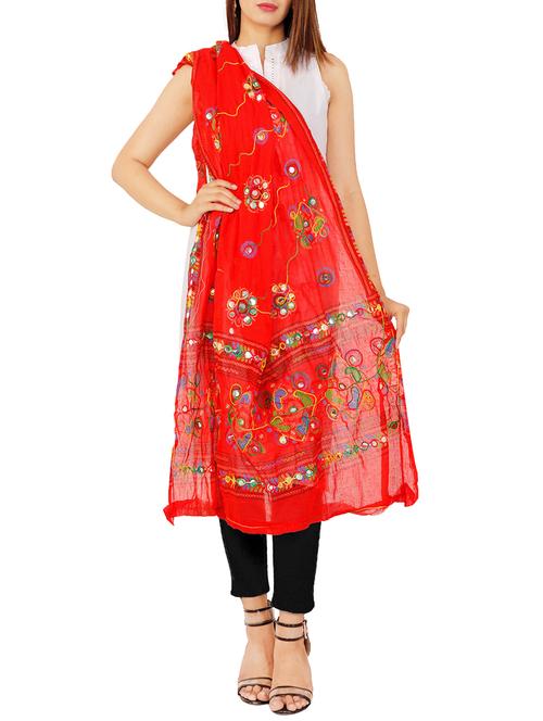 red cotton embroidered dupatta - 15869230 - Very Small Image - 1