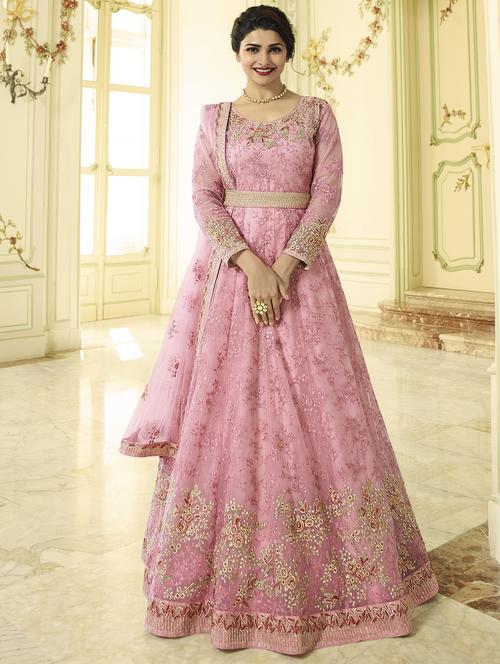 Embroidered semi-stitched anarkali suit - 15870423 - Standard Image - 1