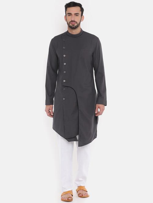 grey cotton asymmetric kurta - 15870841 - Very Small Image - 1