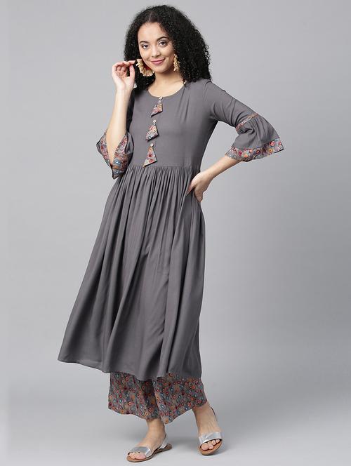 Solid flared kurta with palazzo set - 15871289 - Standard Image - 1