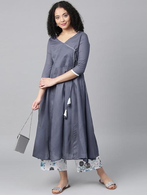 Solid angrakha kurta with printed palazzo set - 15871297 - Very Small Image - 1