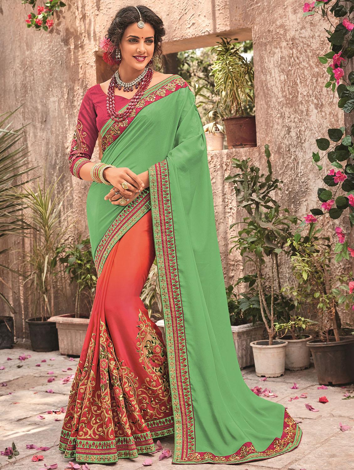 floral embroidered mint green half & half saree with blouse - 15875533 - Zoom Image - 1