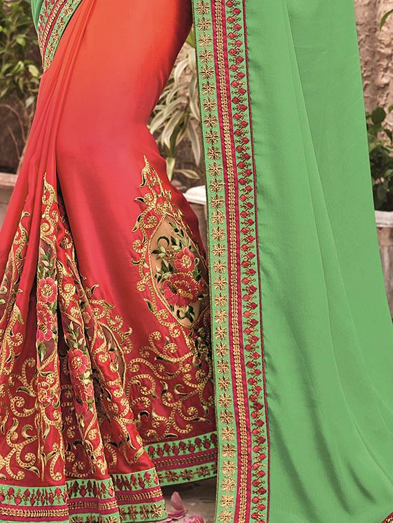 floral embroidered mint green half & half saree with blouse - 15875533 - Zoom Image - 2