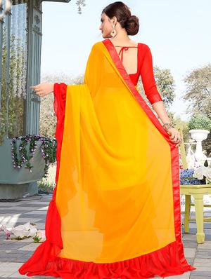 contrast ruffle border mustard fusion saree with blouse - 15875586 - Standard Image - 2