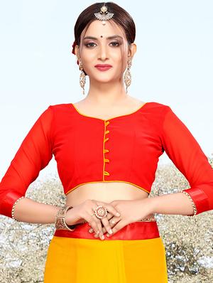contrast ruffle border mustard fusion saree with blouse - 15875586 - Standard Image - 3