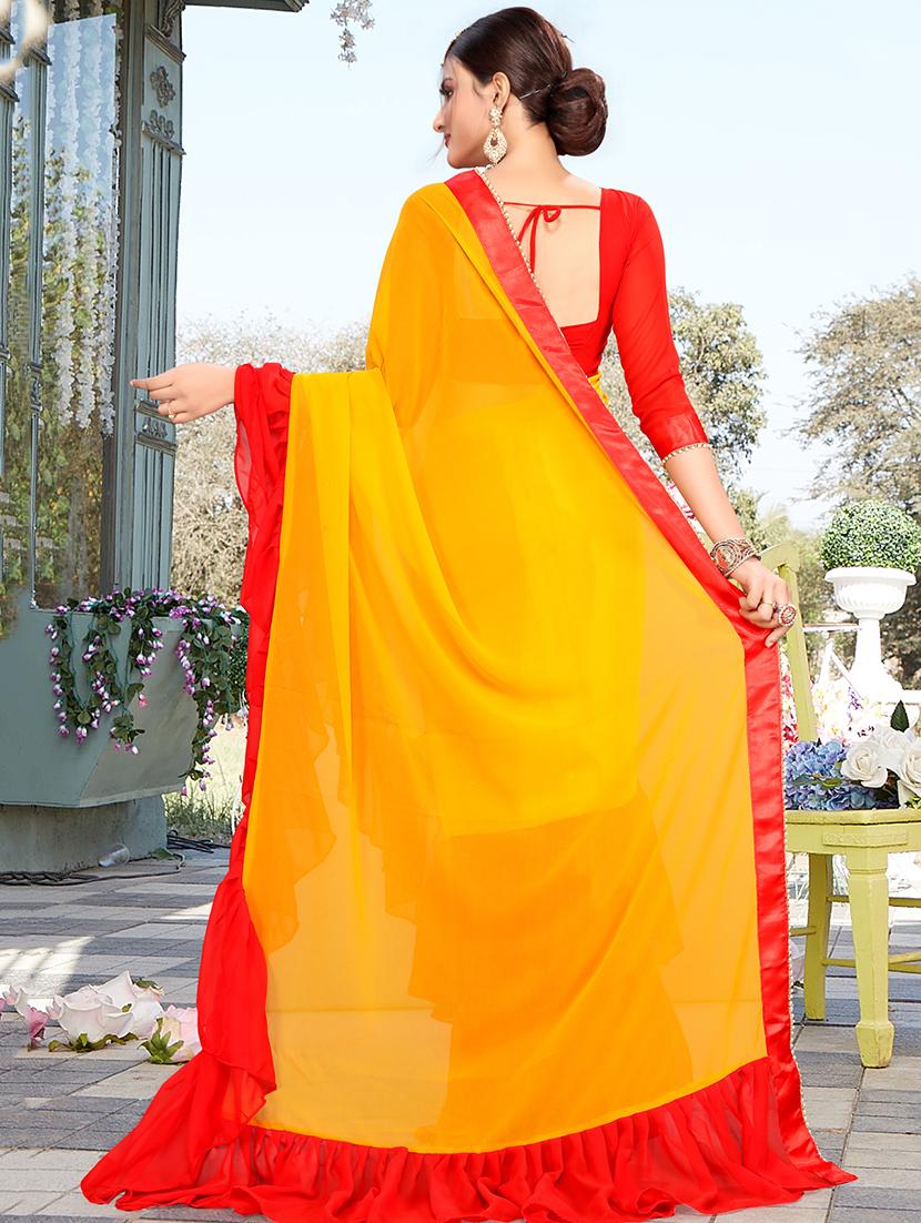contrast ruffle border mustard fusion saree with blouse - 15875586 - Zoom Image - 2