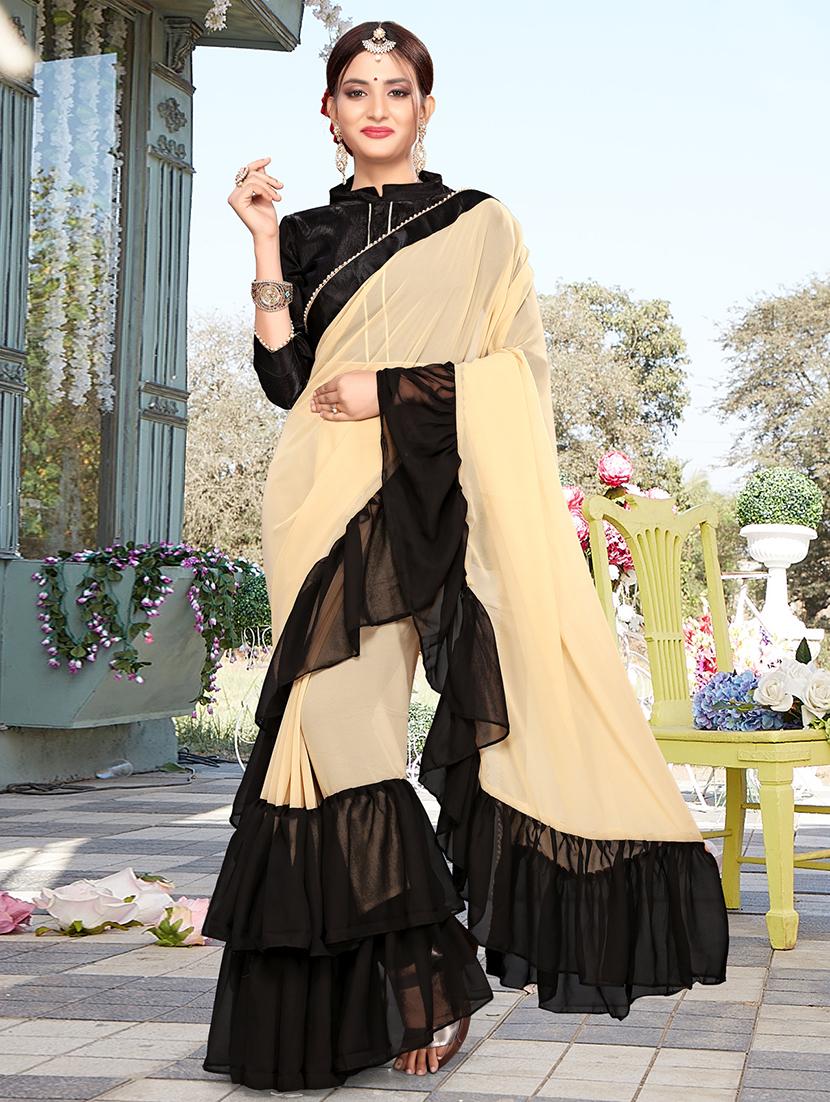 contrast ruffle border beige fusion saree with blouse - 15875588 - Zoom Image - 1