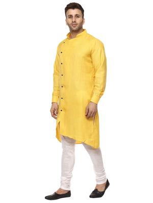 yellow khadi asymmetric kurta - 15876568 - Standard Image - 2