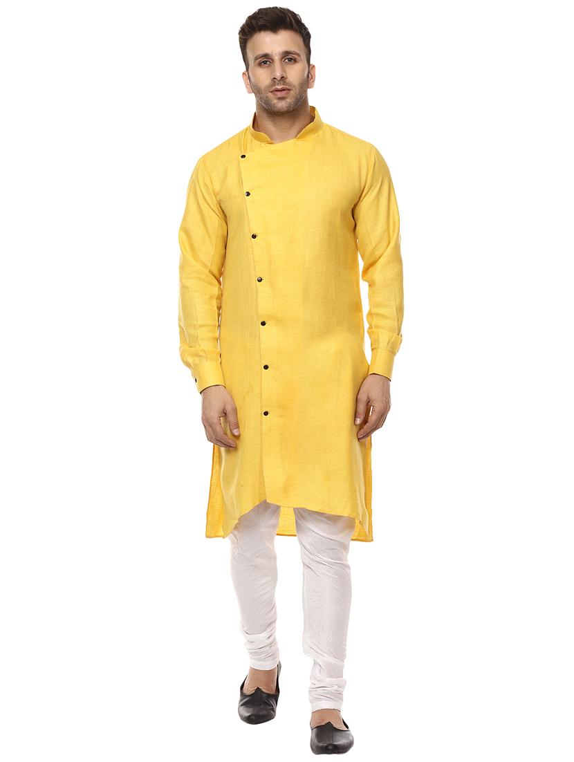 yellow khadi asymmetric kurta - 15876568 - Zoom Image - 1