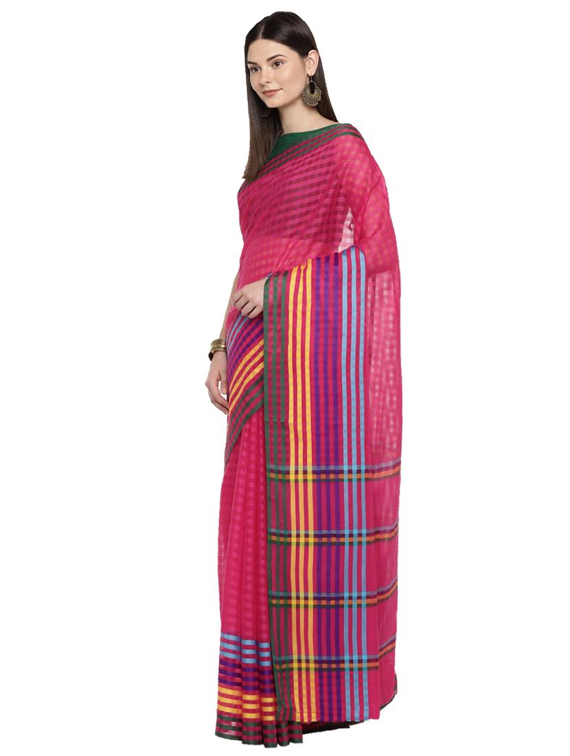 contrast striped pinmk woven saree with blouse - 15876946 - Zoom Image - 1