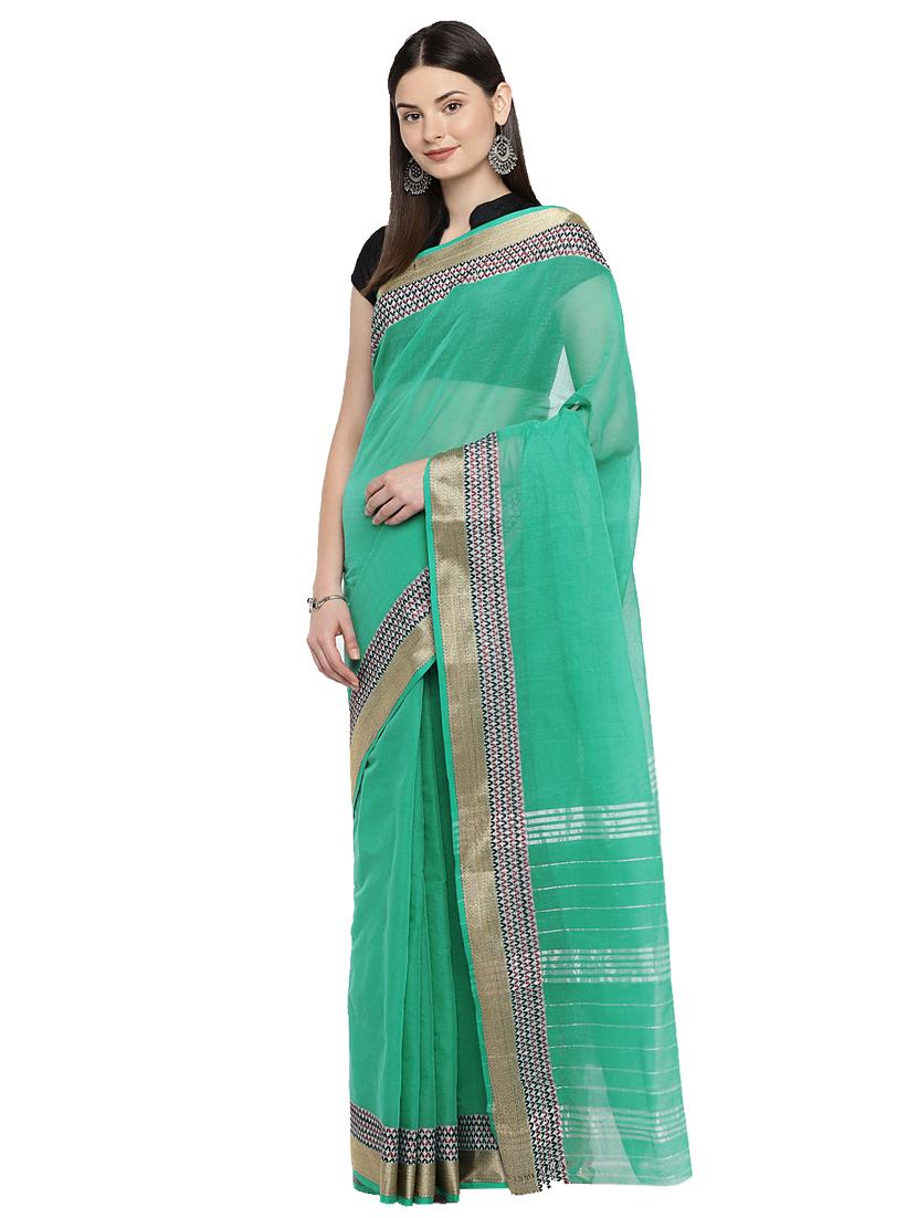 zari border turquoise woven saree with blouse - 15876948 - Zoom Image - 1