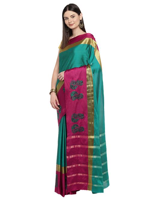 contrast zari border turquoise woven saree with blouse - 15876952 - Standard Image - 1