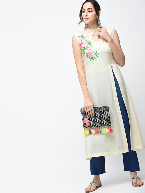 High slit embroidered kurta with tassels - 15879139 - Standard Image - 1