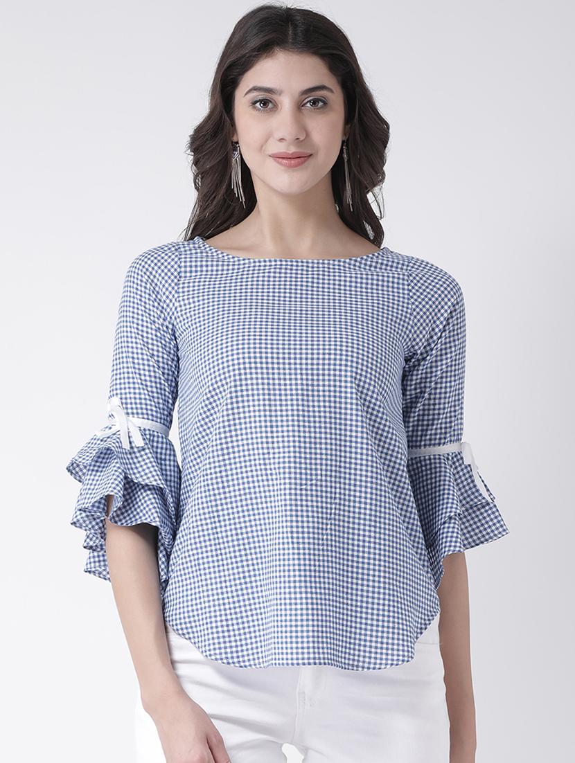 checkered bow detail bell sleeved top - 15879506 - Zoom Image - 1