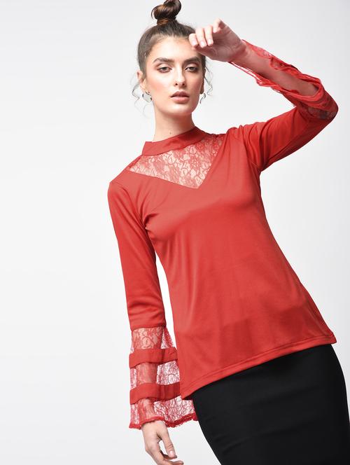 mock neck laced panel top - 15881797 - Very Small Image - 1