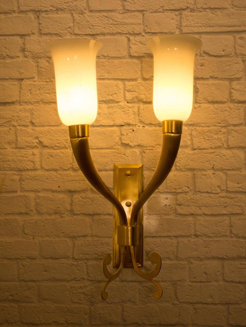 Fluted Horn Cast Brass with White Shades Double Wall Sconce - 15882750 - Zoom Image - 1