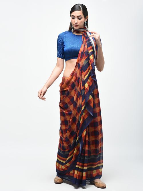 checkered printed saree with blouse - 15890434 - Standard Image - 1