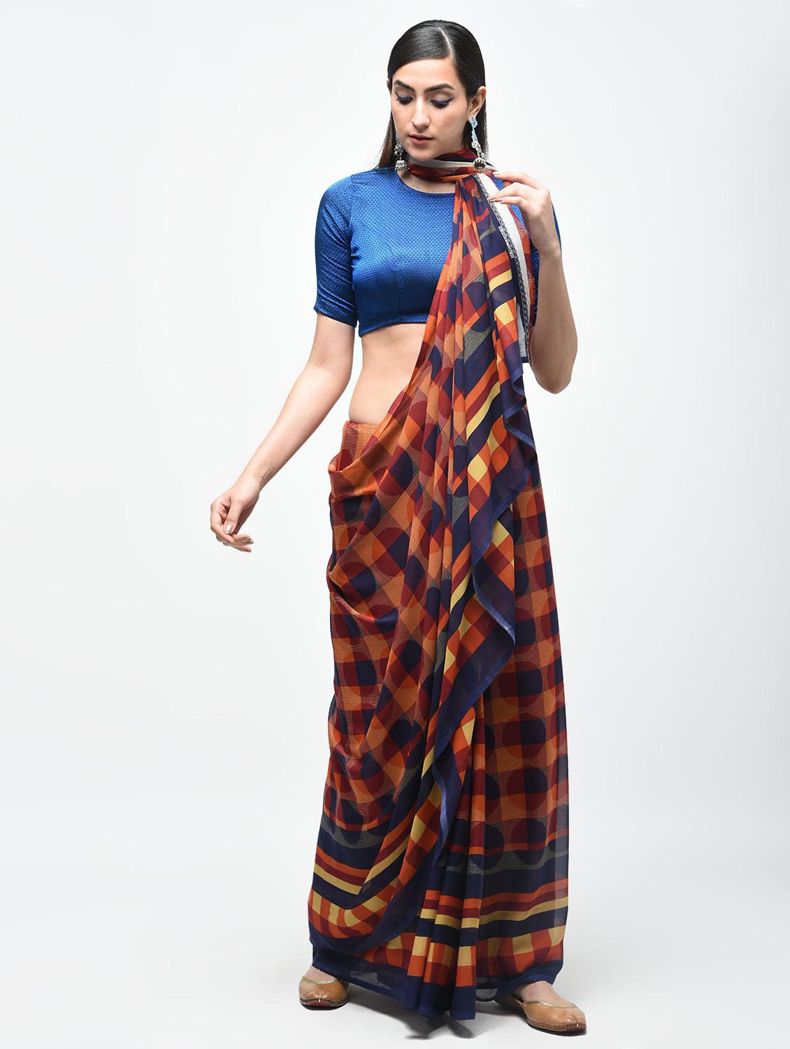 checkered printed saree with blouse - 15890434 - Zoom Image - 1