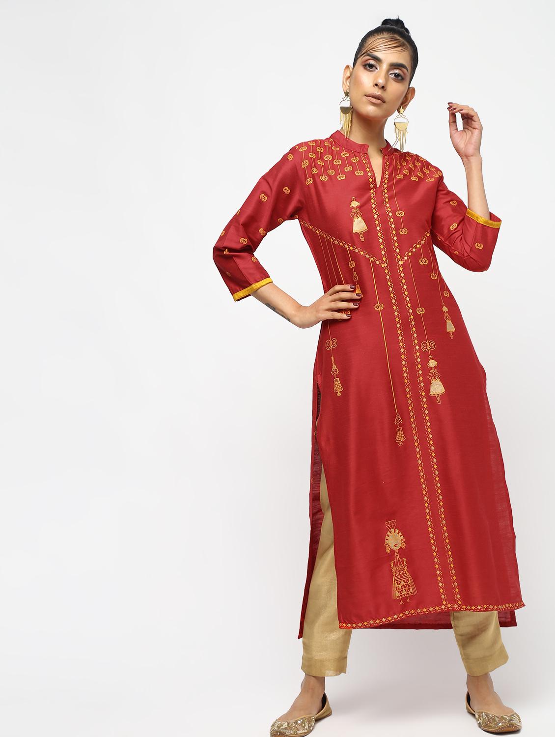 Block print silk straight kurta - 15893106 - Zoom Image - 1