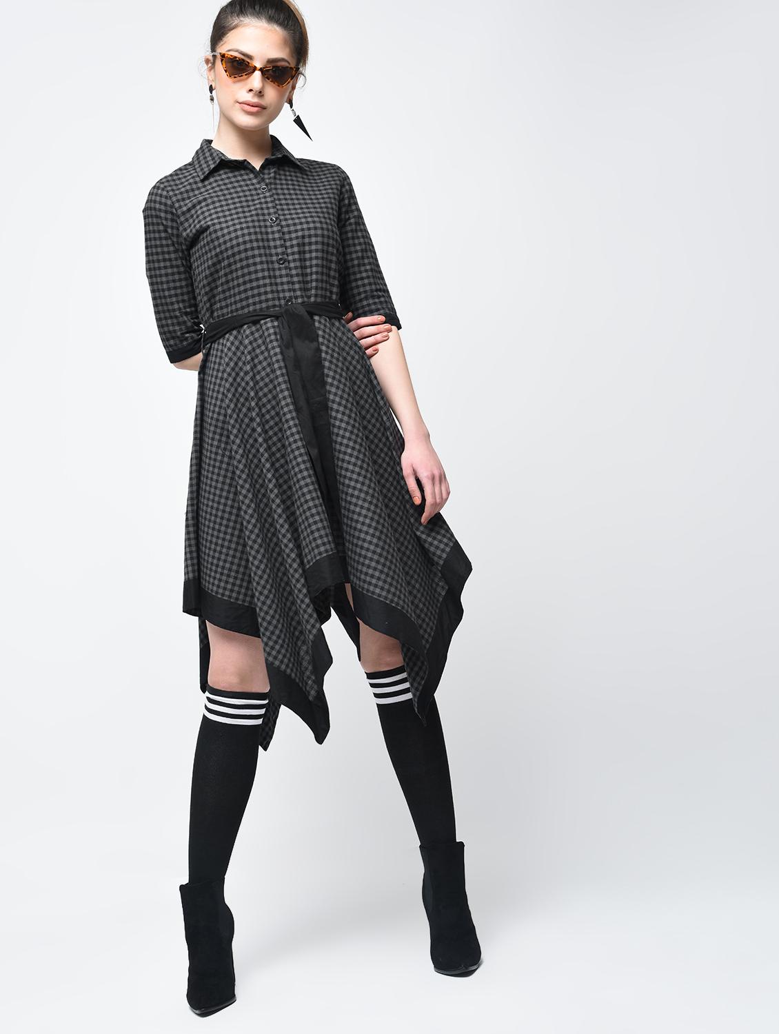 asymmetric tie belted checkered dress - 15894125 - Zoom Image - 1