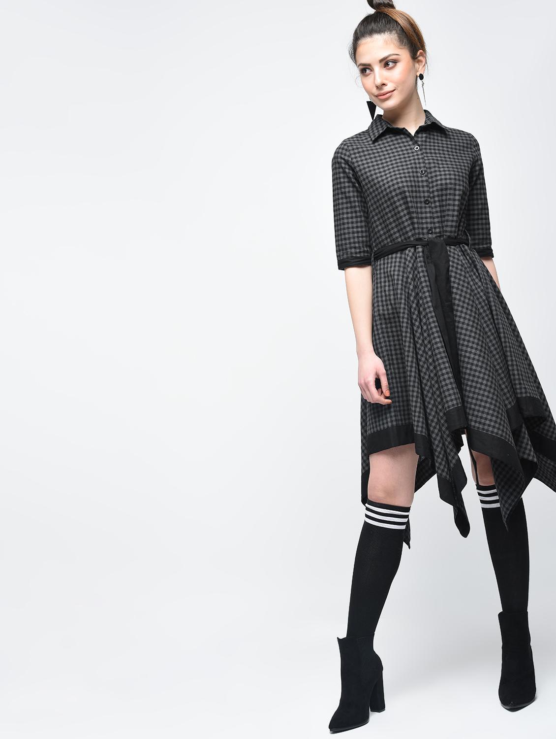 asymmetric tie belted checkered dress - 15894125 - Zoom Image - 2