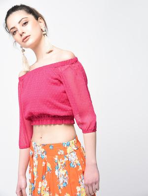 dobby off shoulder crop top - 15894138 - Standard Image - 2