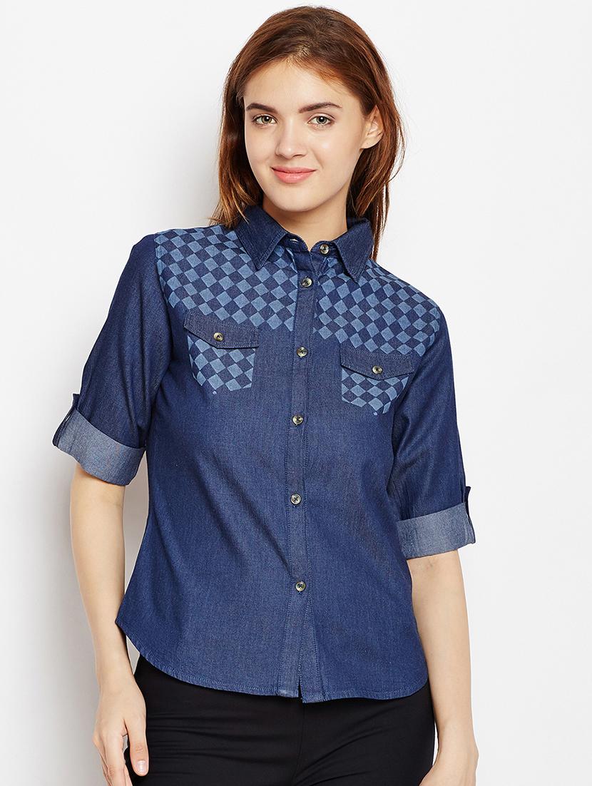 roll up sleeved check print denim shirt - 15897886 - Zoom Image - 1