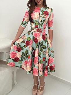 belted floral flared dress