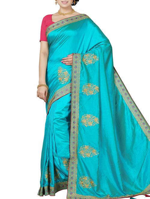 floral embroidered turquoise saree with blouse - 15898589 - Standard Image - 1