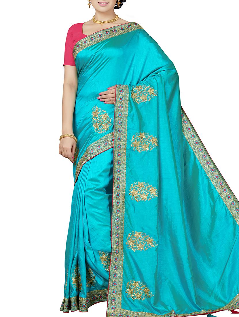 floral embroidered turquoise saree with blouse - 15898589 - Zoom Image - 1