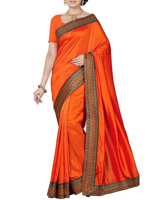 embroidered border orange saree with blouse - 15898597 - Standard Image - 1