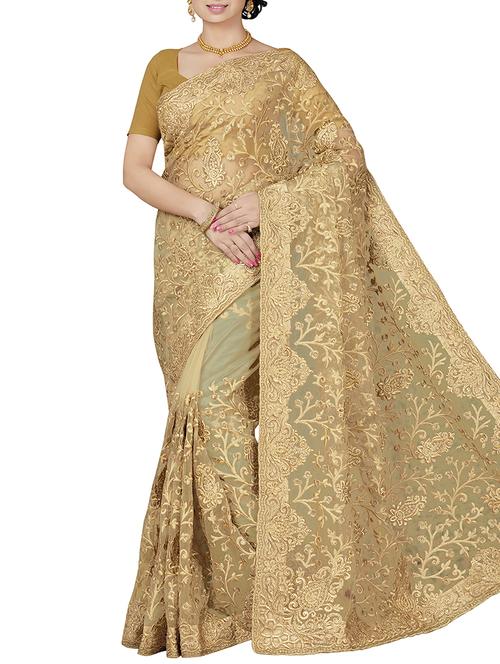 floral embroidered beige saree with blouse - 15898601 - Standard Image - 1