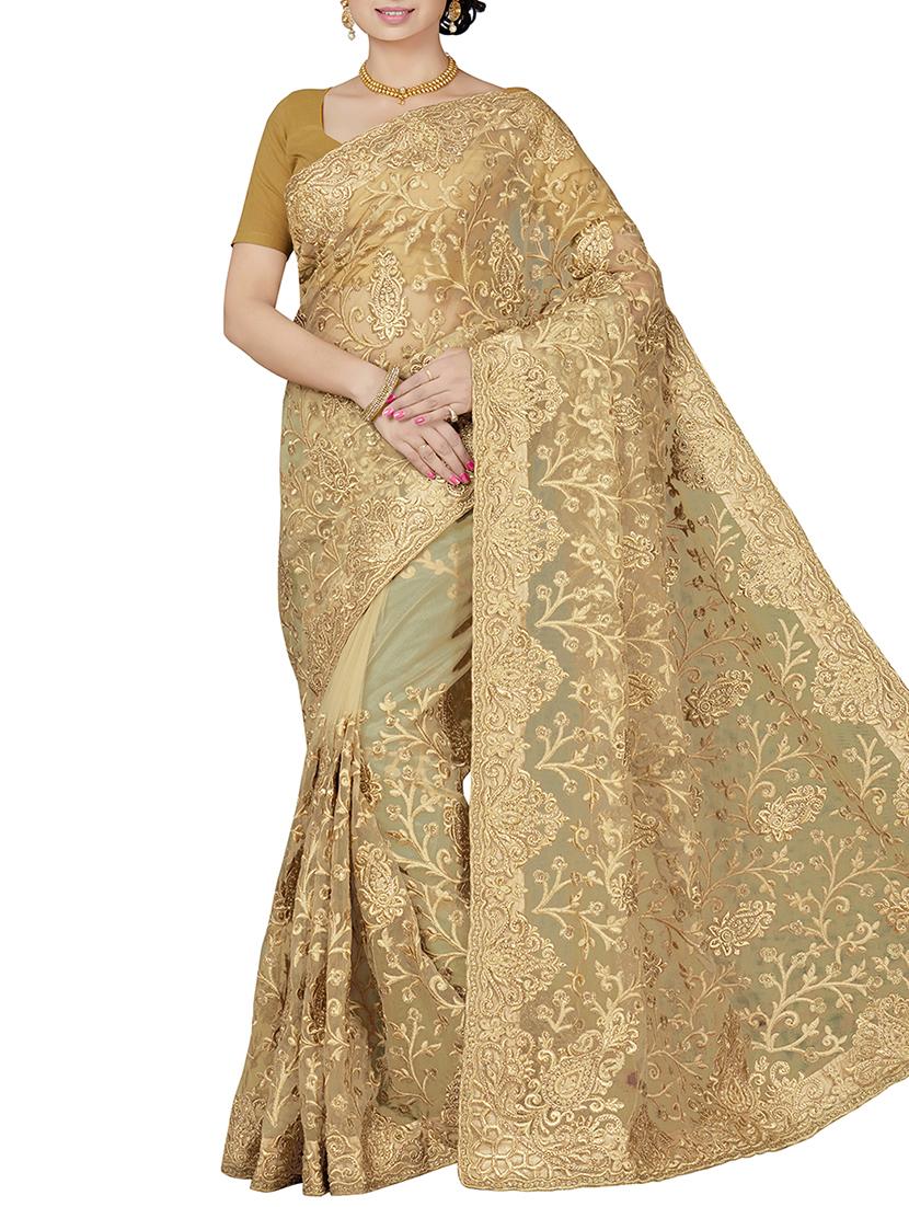 floral embroidered beige saree with blouse - 15898601 - Zoom Image - 1