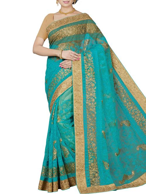 paisley embroidered turquoise saree with blouse - 15898602 - Standard Image - 1